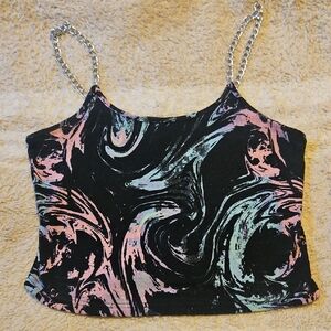Chain-Strap Swirl Print Crop Tank Top -